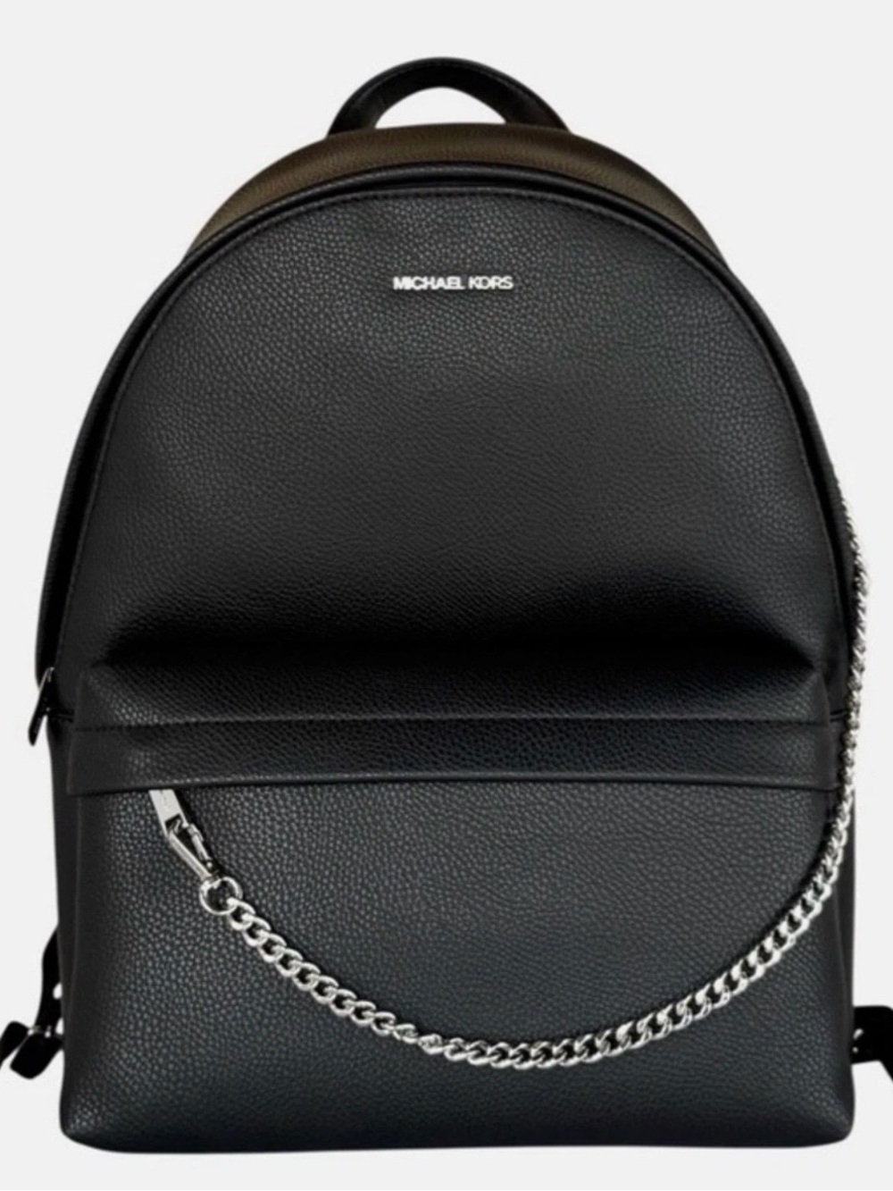 Michael Kors Rhea Backpack Black Pebbled Leather Medium Slim MK Bag Chain Detail